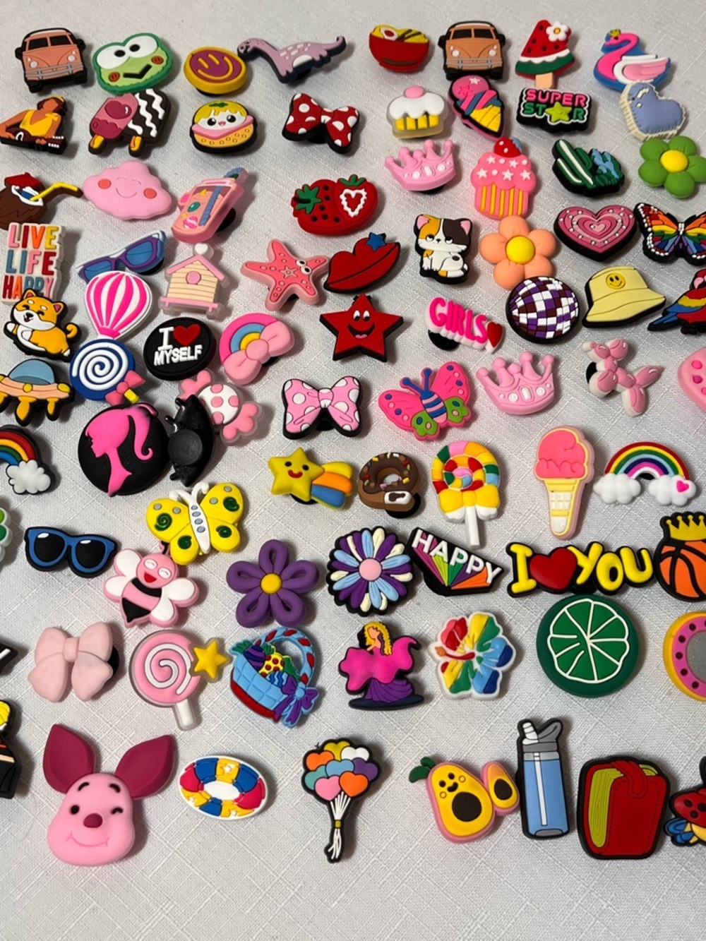 various cartoon-themed shoe croc charms and accessories, PVC resin charms